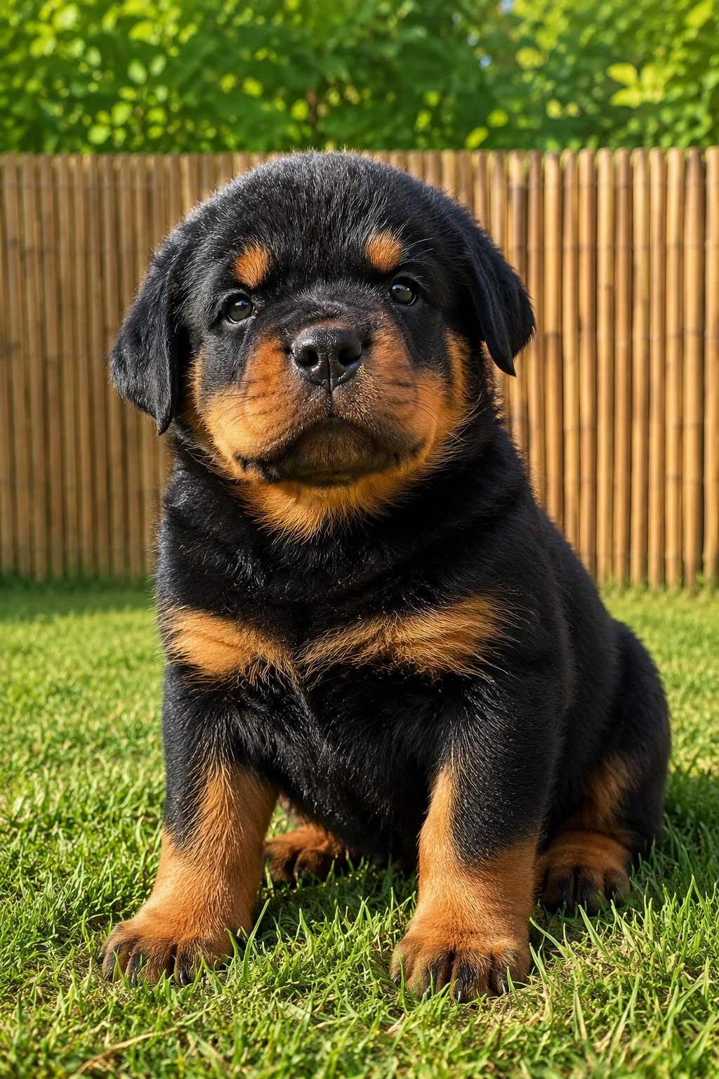 Rottweiler puppy sitting on grass
