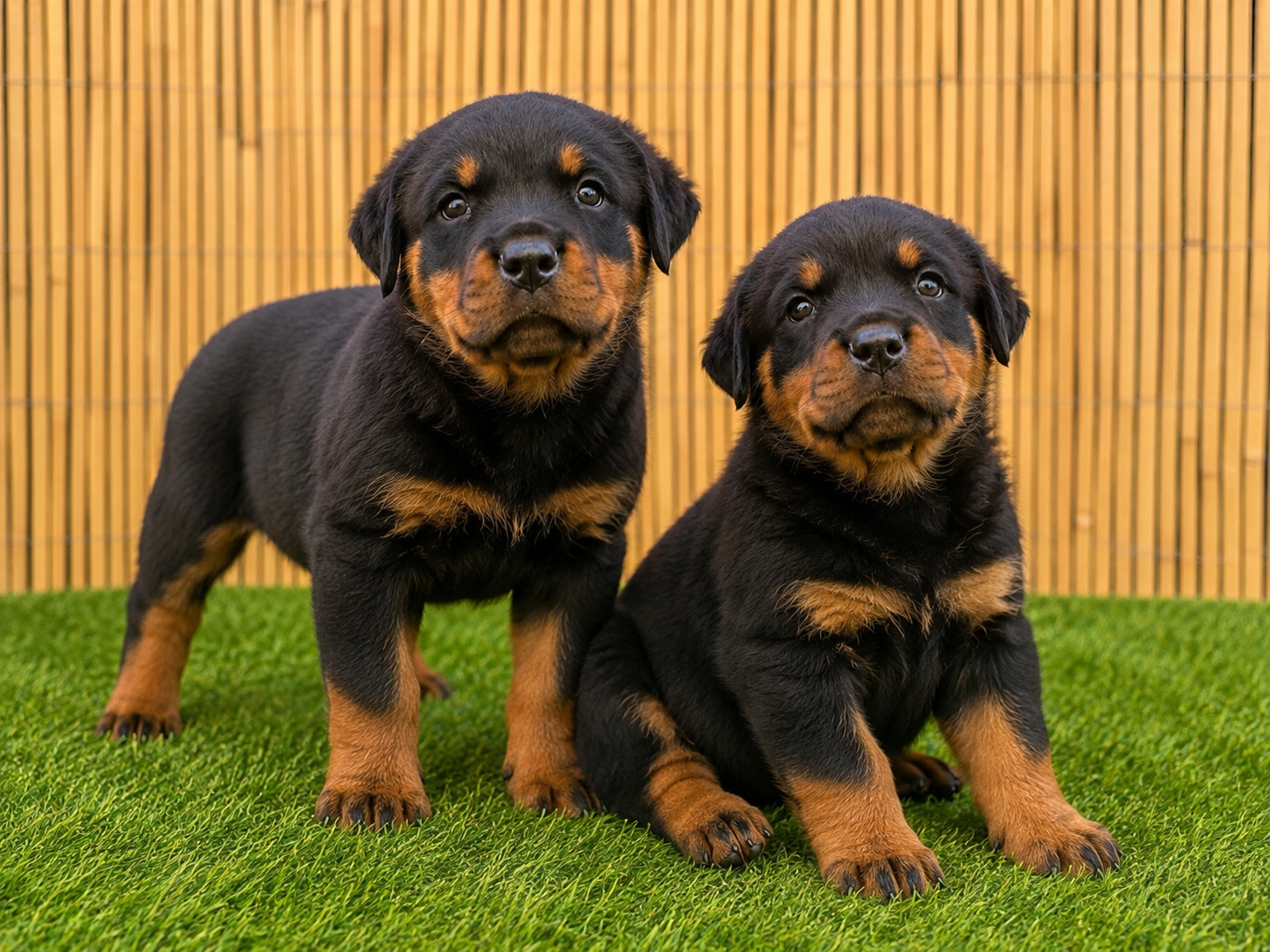 Two young Rottweiler puppies outdoors