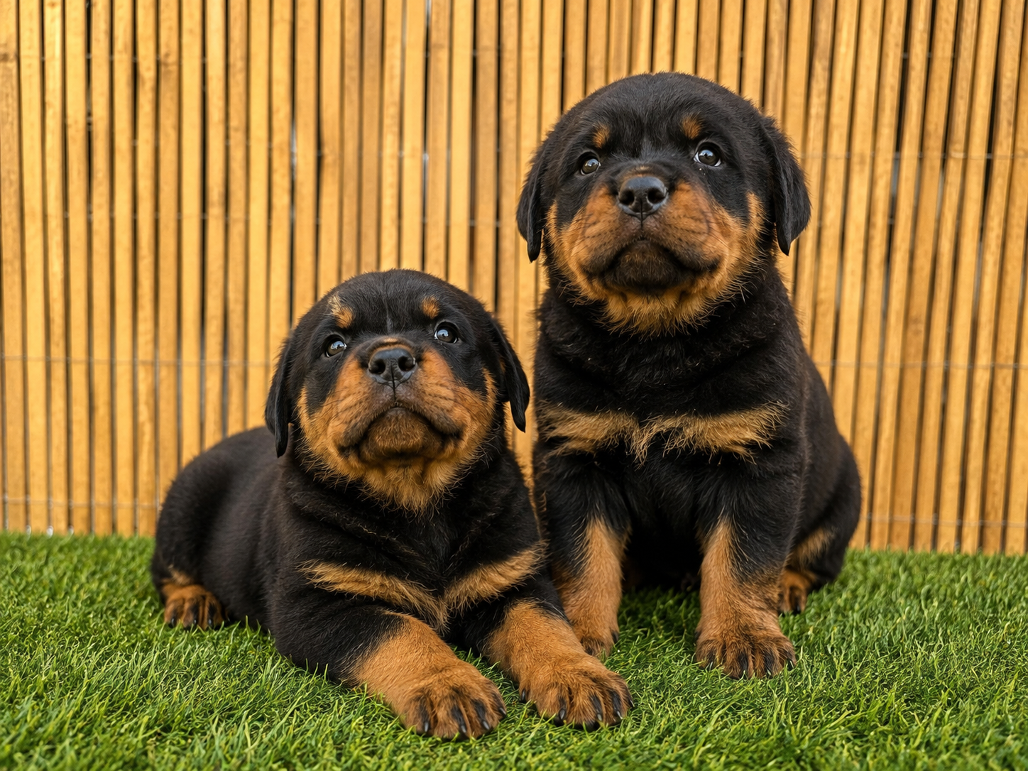 Two Rottweiler puppies resting on grass